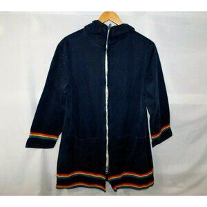 Vintage Grenfill Handicraft Blue Rainbow Trim Hooded Jacket Cotton Womens M / L